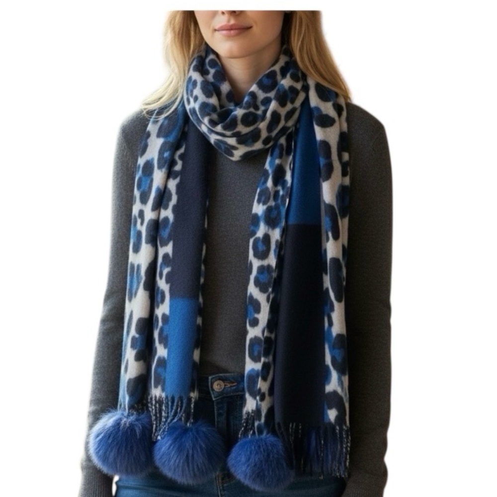 OOLALA  Blue Black White Leopard Print Scarf with Blue Pom Poms One Size